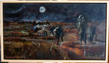 Painting of a landscape at night with a full moon.